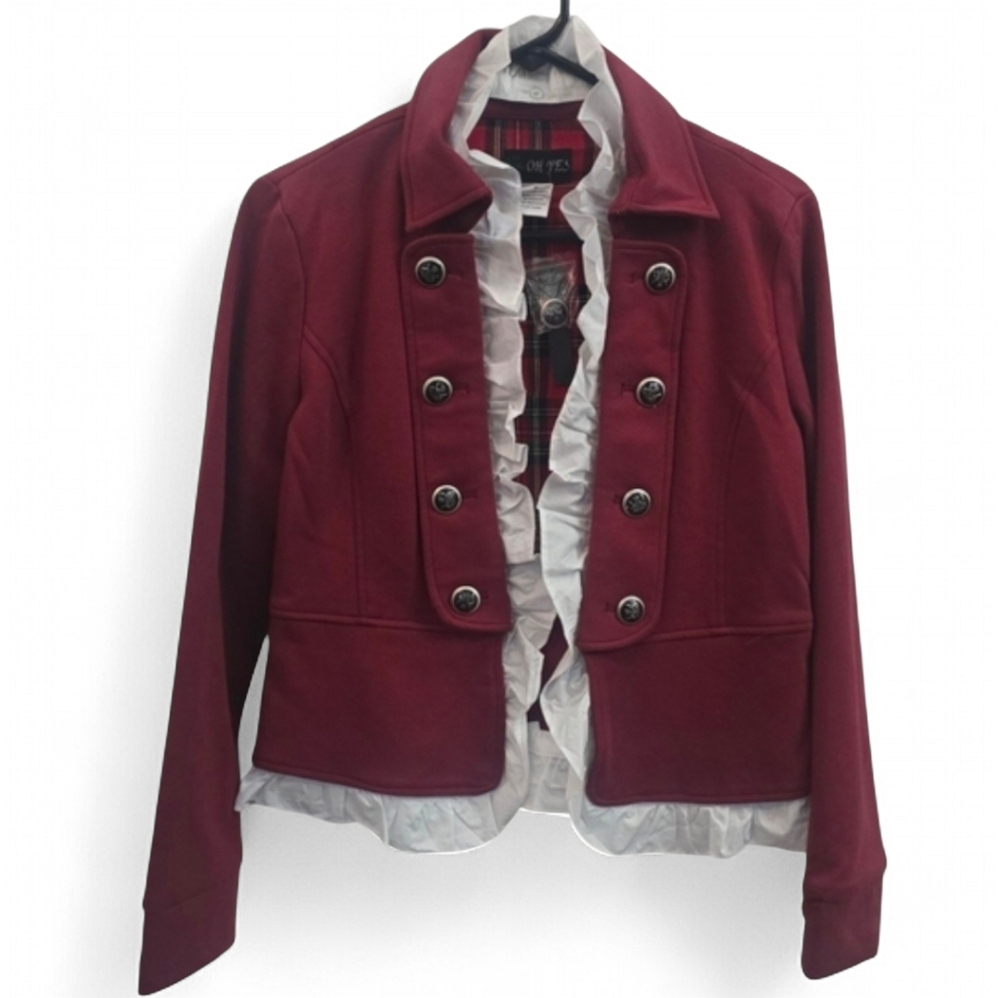 Women's Burgundy Blazer with Ruffle Trim